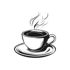 Obraz premium Coffee Cup with Steam Black and White Outline on Saucer on White Background
