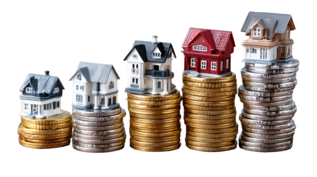Rising Real Estate Investment: Miniature houses perched atop ascending stacks of coins symbolize the upward trajectory of the real estate market.