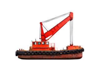 Heavy-duty crane barge in action dockside environment cutout background industrial viewpoint