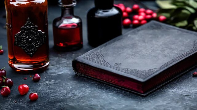A dark open book rests on a textured surface surrounded by potion bottles and red berries. The setting evokes a mystical atmosphere suited for storytelling or artistic themes.