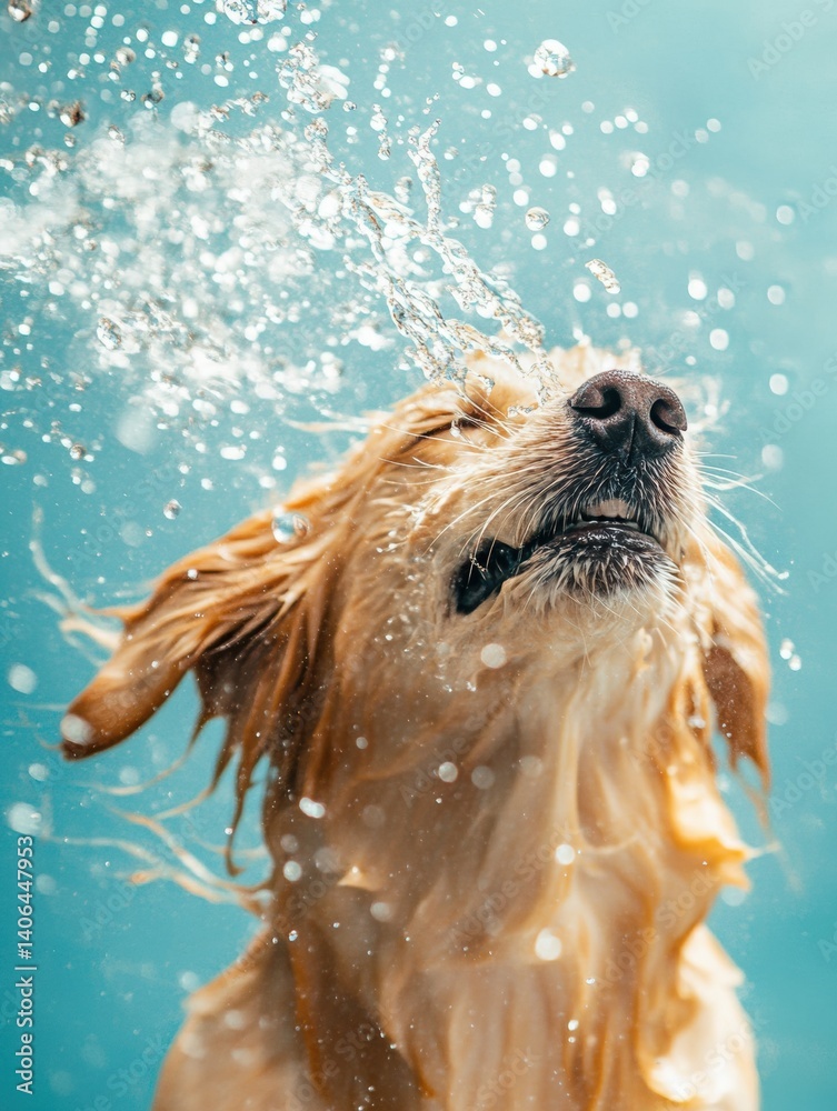 Poster wet dog shakes off water after bath creating dramatic splash effect on clean vibrant background in b