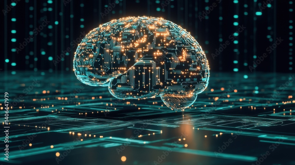 Poster a digital representation of a brain composed of glowing circuits, symbolizing artificial intelligenc