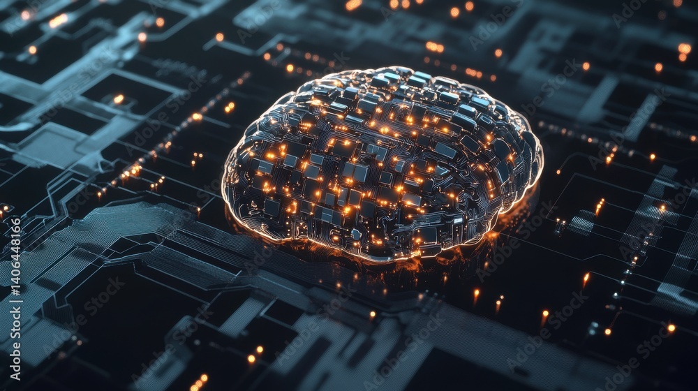 Poster a futuristic depiction of a brain-like structure with glowing circuits, symbolizing artificial intel