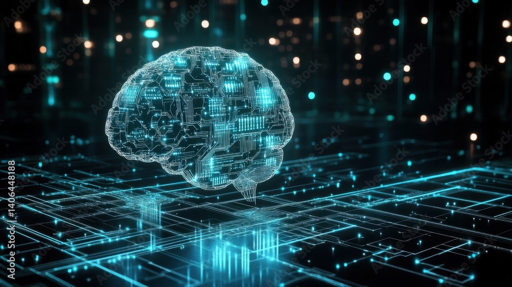 Poster a digital representation of a brain with circuitry, symbolizing artificial intelligence and advanced