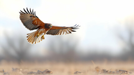 Obraz premium A Red-Tailed Hawk in Flight Against a Blurred Natural Background Showing Detailed Plumage and Wingspan
