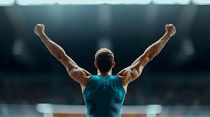 Triumphant Athlete Raises Arms In Victory Celebration Under Bright Stadium Lights