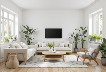 Naklejka premium Cozy Minimalist Living Room: Light & Airy Design with Indoor Plants