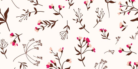 Delicate Floral Pattern with Pink and Brown Flowers on White Background