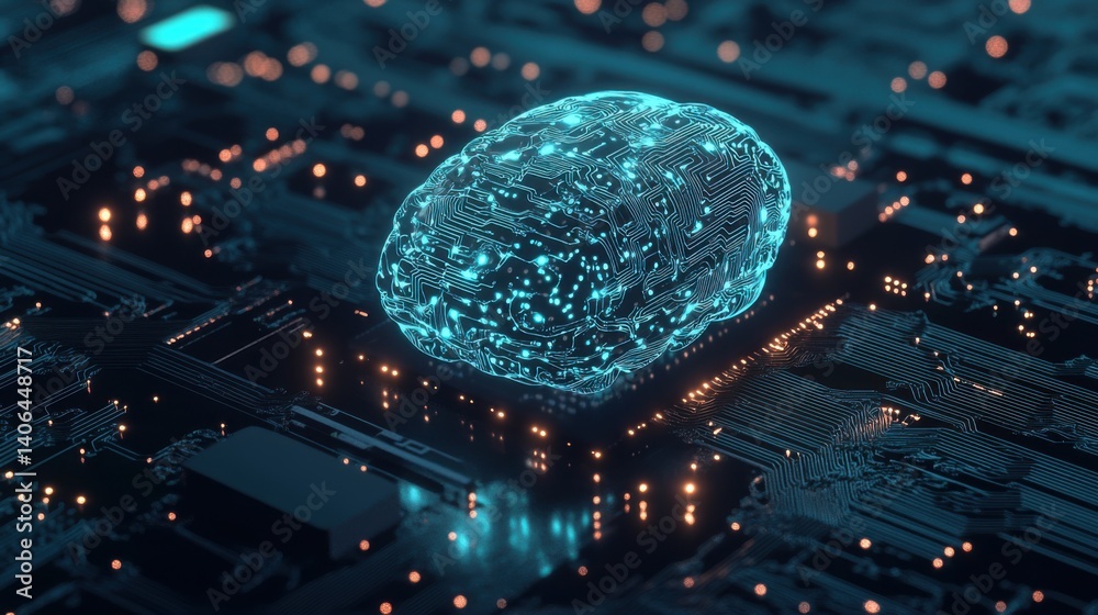 Poster a digital representation of a brain, illuminated and hovering over a circuit board, symbolizing adva