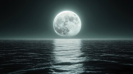 A luminous full moon reflects on calm ocean waters, creating a serene and mystical nighttime atmosphere.