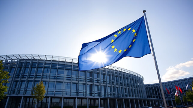 Flag of European Union waving in the wind in front of the modern parliament building on sunny day. Happy Europe day. European Parliament elections. European dream. Future of Europe