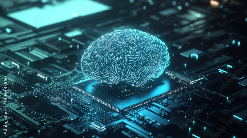 Poster a digital rendering of a glowing brain on a circuit board, symbolizing artificial intelligence and a