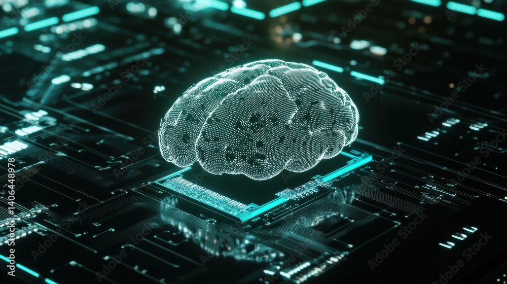 Poster a digital representation of a brain sits on a circuit board, symbolizing artificial intelligence and