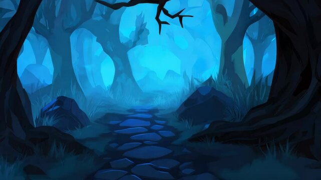 A breathtaking scene of a mystical forest path, illuminated by ethereal blue light. The shadowy trees create a serene and tranquil atmosphere, inviting exploration.