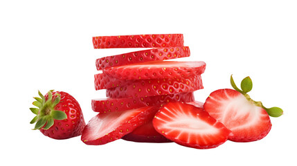 A stack of strawberry slices with whole strawberries near by