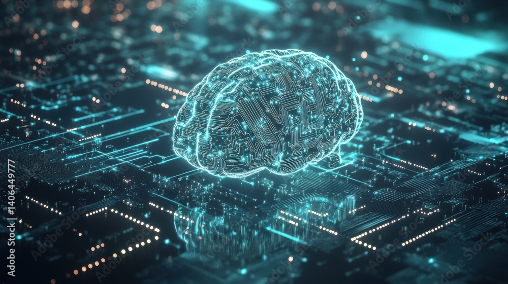 Poster a digital representation of a brain, surrounded by circuit patterns, symbolizing artificial intellig