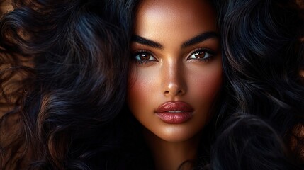 Fototapeta premium A model showcasing glossy, voluminous hair in a studio with dramatic lighting