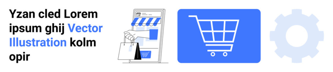 Online store interface, shopping cart symbol, and settings gear highlighting e-commerce, retail, customization, user experience, digital shopping, product management, simple landing page