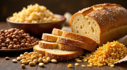 A loaf of bread and various legumes displayed on a wooden surface