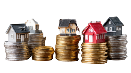 Homeownership on a Stack of Coins: A collection of miniature houses, each perched atop a stack of gold coins.
