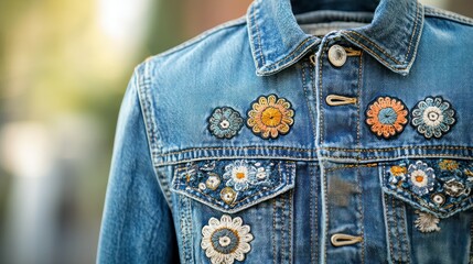 Light wash denim jacket with embroidered floral appliqu?s