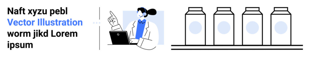 Researcher using laptop while pointing at data. Bottled products shown on conveyor belt. Ideal for science, technology, manufacturing, innovation, research, analysis, production simple landing page