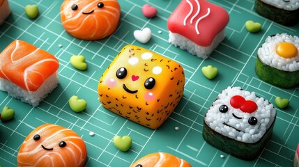 A colorful display of cute sushi pieces on a green surface, featuring smiling faces and playful designs, creating a fun and appetizing aesthetic.