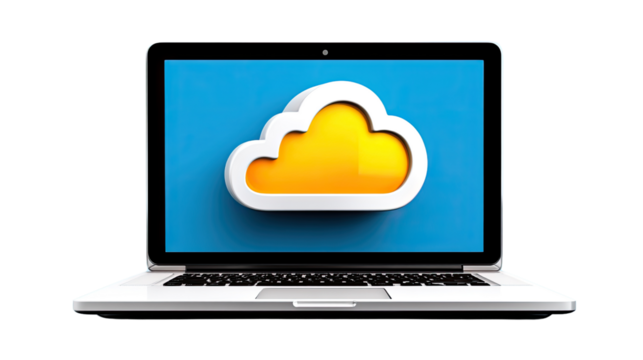 Cloud Computing on Display: A modern laptop displays a vibrant cloud icon on its screen, symbolizing the concepts of data storage, accessibility, and technological innovation.