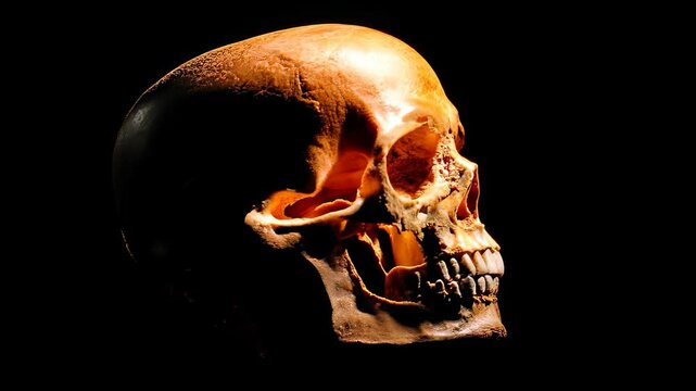 This striking image features a realistic human skull displayed against a dark backdrop, showcasing intricate bone structure with dramatic lighting and shadows.