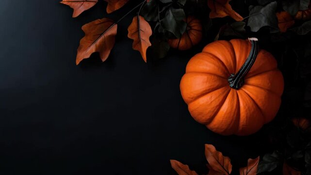 A captivating arrangement of vibrant orange pumpkins set against a dark background with autumn leaves, perfect for seasonal decor and fall inspiration.