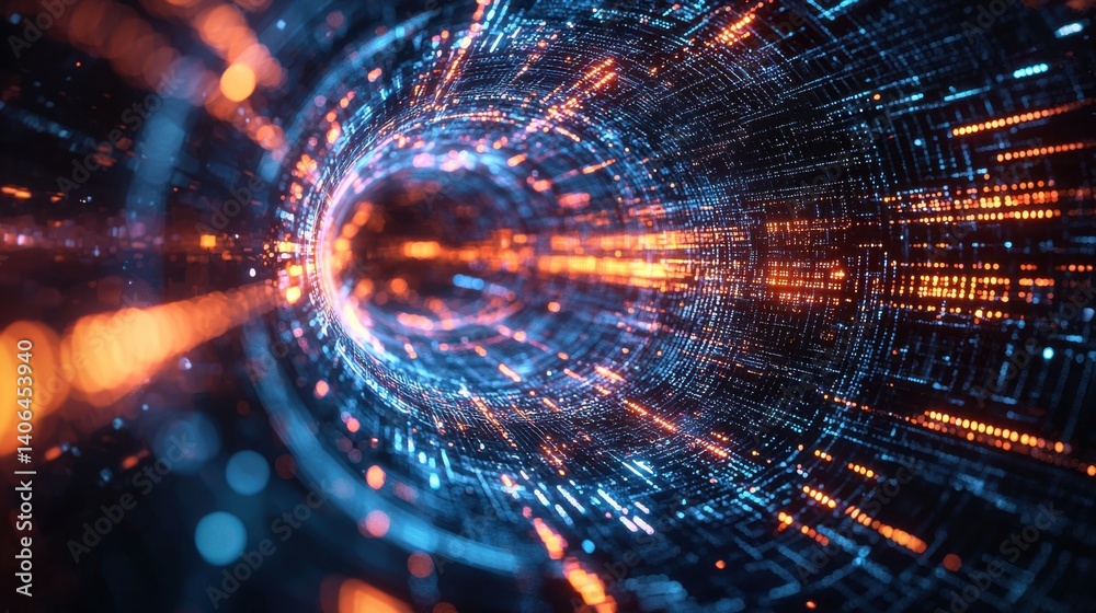 Fototapete A vibrant, abstract representation of digital data flow, featuring bright lines and dots converging towards a central point, creating a dynamic sense of motion.