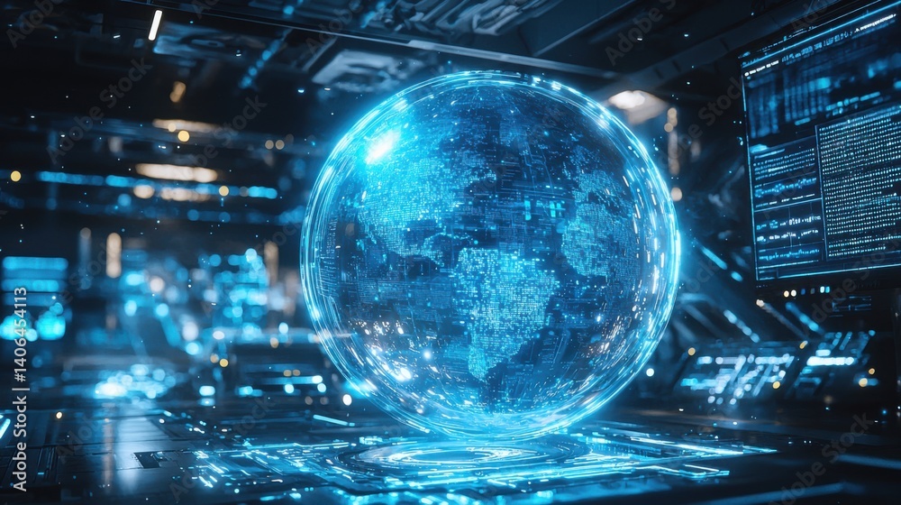 Poster a futuristic digital globe glows in a tech-themed environment, showcasing intricate data patterns an