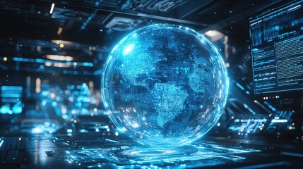 A futuristic digital globe glows in a tech-themed environment, showcasing intricate data patterns and interconnected networks.