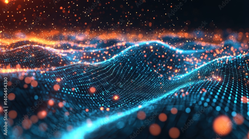 Poster a vibrant digital landscape featuring waves of glowing particles, creating a dynamic visual represen