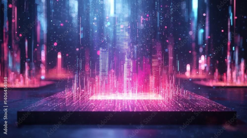 Poster a vibrant, futuristic scene with glowing vertical lines and particles, creating a dynamic visual of 