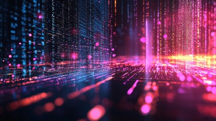 Fototapeta premium A vibrant digital landscape with colorful streams of light, resembling data flow in a futuristic setting.