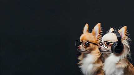 Two Long-Haired Chihuahua Dogs With Glasses And Headphones On A Dark Background Studio Portrait