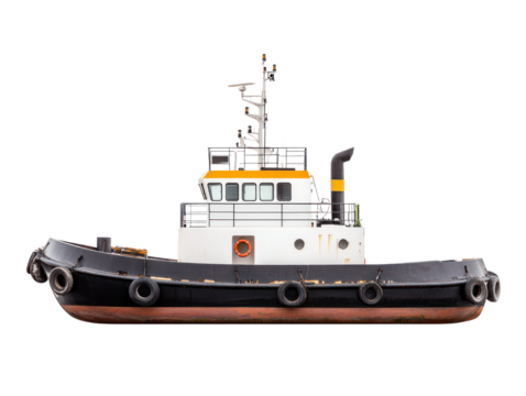Tugboat action harbor cutout background nautical environment side view marine concept