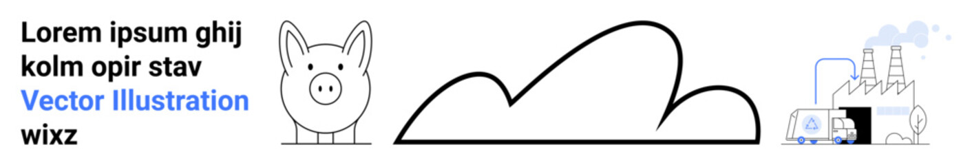 Piggy bank, cloud, industrial factory with smoke representing savings, environment impact, and industrialization. Ideal for finance, sustainability, ecology, pollution investments economics simple