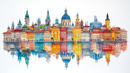Fototapeta premium European city skyline panorama, colorful buildings reflected in water