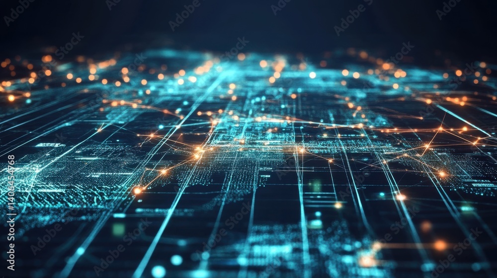 Poster a futuristic digital landscape with interconnected lines and glowing nodes, representing data networ