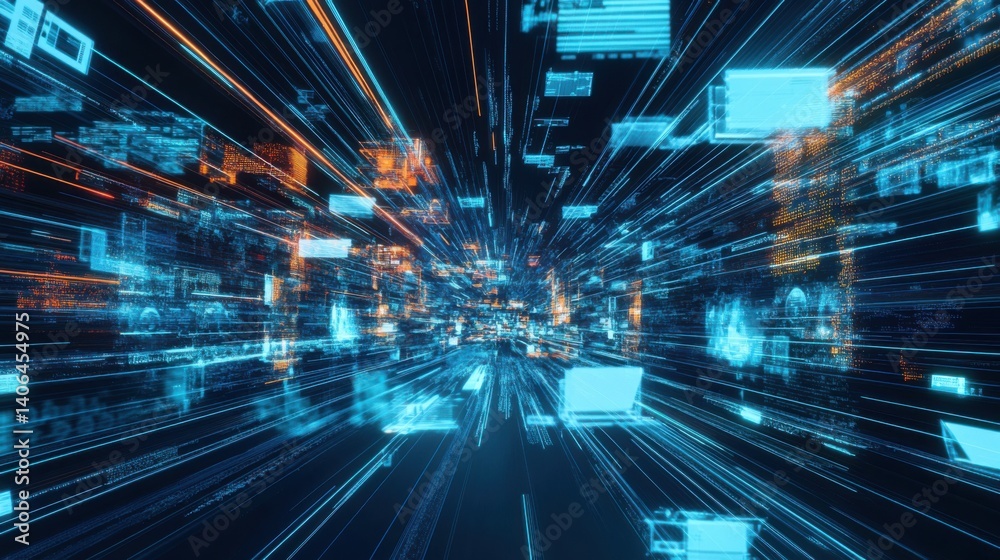Poster a dynamic, abstract visualization of data streams and digital elements, illustrating the concept of 