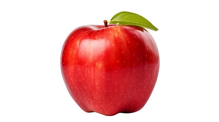 A shiny red apple with a green leaf on a transparent background