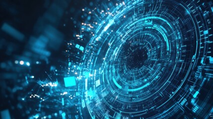 Obraz premium A futuristic digital design featuring concentric circles of blue light and patterns, suggesting technology and data flow.