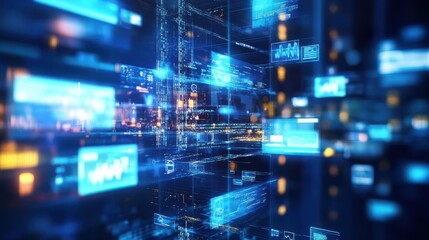 A visually striking digital interface featuring transparent screens displaying data graphs and metrics against a blurred cityscape background.