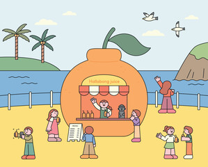 Cute flat illustration of a Hallabong juice stand by the beach in Jeju Island, with tourists enjoying drinks and seaside scenery.