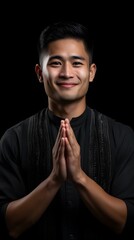 Fototapeta premium Serene Asian Man in Black Attire with Hands in Prayer Position Studio Portrait
