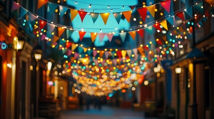 A festive street scene with colorful pennant banners and bokeh lights creating a vibrant atmosphere. Festive decorations hanging over the street.