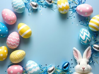 Easter party. Top view photo of easter bunny ears white pink blue, yellow eggs and confetti 1