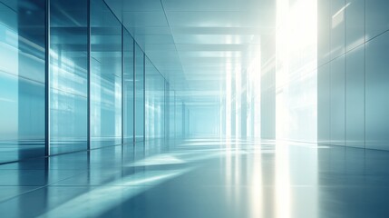 A modern, bright corridor with glass walls and polished floors, illuminated by natural light, creating a spacious and airy atmosphere.